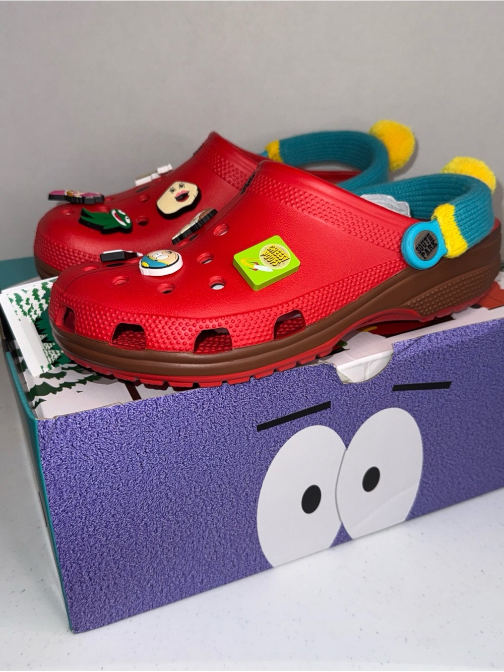 Croca Red Slip-On Clog with Brown Sole and Playful Charms unisex